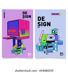 Flat color covers set. Abstract colorful geometric 3d with typography design template. Trendy poster design and colorful theme. 