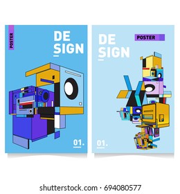 Flat color covers set. Abstract colorful geometric 3d with typography design template. Trendy poster design and colorful theme. 