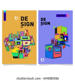 Flat color covers set. Abstract colorful geometric 3d with typography design template. Trendy poster design and colorful theme. 