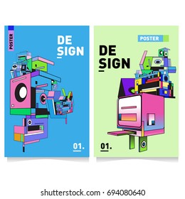 Flat color covers set. Abstract colorful geometric 3d with typography design template. Trendy poster design and colorful theme. 