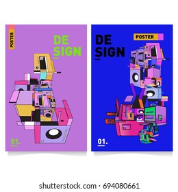 Flat color covers set. Abstract colorful geometric 3d with typography design template. Trendy poster design and colorful theme. 
