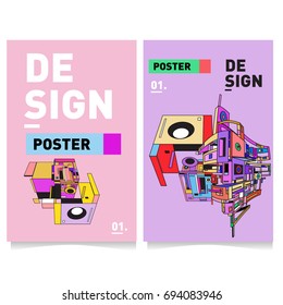 Flat color covers set. Abstract colorful geometric 3d with typography design template. Trendy poster design and colorful theme. 