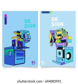 Flat color covers set. Abstract colorful geometric 3d with typography design template. Trendy poster design and colorful theme. 