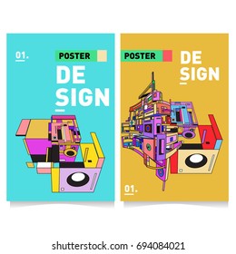 Flat color covers set. Abstract colorful geometric 3d with typography design template. Trendy poster design and colorful theme. 
