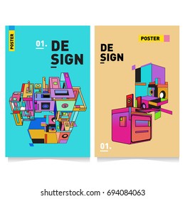 Flat color covers set. Abstract colorful geometric 3d with typography design template. Trendy poster design and colorful theme. 