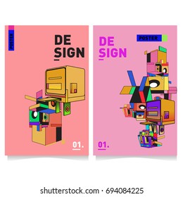 Flat color covers set. Abstract colorful geometric 3d with typography design template. Trendy poster design and colorful theme. 