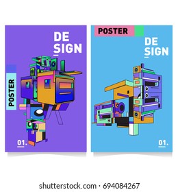 Flat color covers set. Abstract colorful geometric 3d with typography design template. Trendy poster design and colorful theme. 