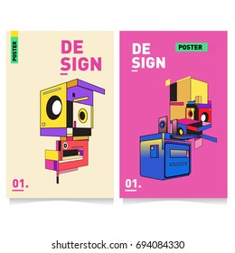 Flat color covers set. Abstract colorful geometric 3d with typography design template. Trendy poster design and colorful theme. 
