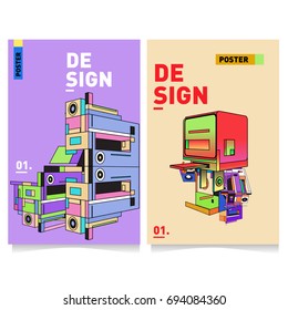 Flat color covers set. Abstract colorful geometric 3d with typography design template. Trendy poster design and colorful theme. 