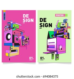 Flat color covers set. Abstract colorful geometric 3d with typography design template. Trendy poster design and colorful theme. 