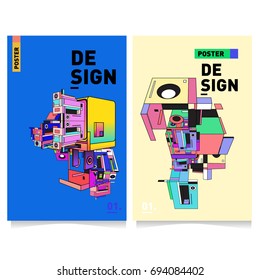 Flat color covers set. Abstract colorful geometric 3d with typography design template. Trendy poster design and colorful theme. 