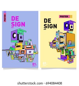 Flat color covers set. Abstract colorful geometric 3d with typography design template. Trendy poster design and colorful theme. 