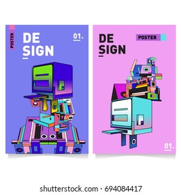 Flat color covers set. Abstract colorful geometric 3d with typography design template. Trendy poster design and colorful theme. 