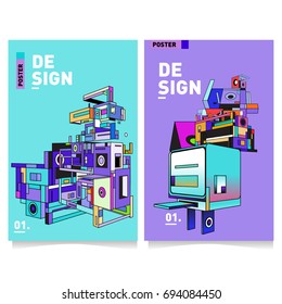 Flat color covers set. Abstract colorful geometric 3d with typography design template. Trendy poster design and colorful theme. 