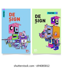 Flat color covers set. Abstract colorful geometric 3d with typography design template. Trendy poster design and colorful theme. 