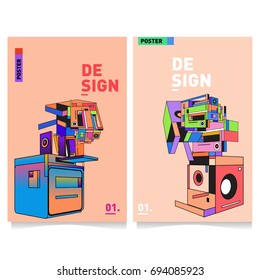 Flat color covers set. Abstract colorful geometric 3d with typography design template. Trendy poster design and colorful theme. 