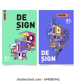 Flat color covers set. Abstract colorful geometric 3d with typography design template. Trendy poster design and colorful theme. 