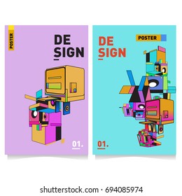 Flat color covers set. Abstract colorful geometric 3d with typography design template. Trendy poster design and colorful theme. 