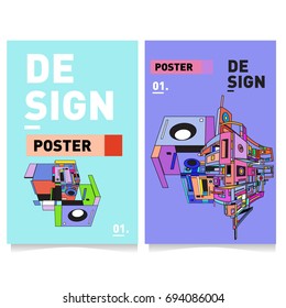 Flat color covers set. Abstract colorful geometric 3d with typography design template. Trendy poster design and colorful theme. 