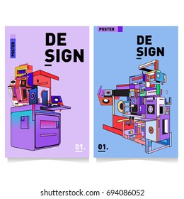 Flat color covers set. Abstract colorful geometric 3d with typography design template. Trendy poster design and colorful theme. 