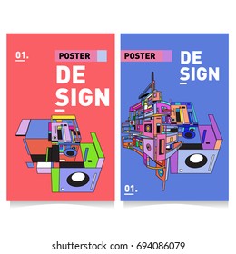 Flat color covers set. Abstract colorful geometric 3d with typography design template. Trendy poster design and colorful theme. 