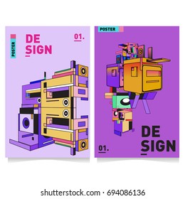 Flat color covers set. Abstract colorful geometric 3d with typography design template. Trendy poster design and colorful theme. 