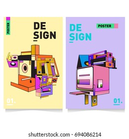 Flat color covers set. Abstract colorful geometric 3d with typography design template. Trendy poster design and colorful theme. 