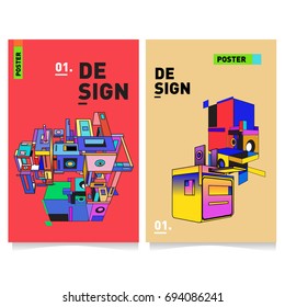 Flat color covers set. Abstract colorful geometric 3d with typography design template. Trendy poster design and colorful theme. 