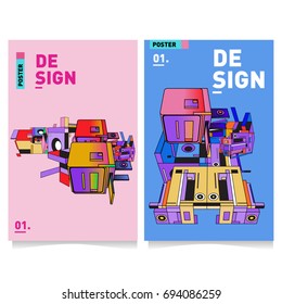 Flat color covers set. Abstract colorful geometric 3d with typography design template. Trendy poster design and colorful theme. 