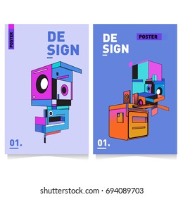 Flat color covers set. Abstract colorful geometric 3d with typography design template. Trendy poster design and colorful theme. 