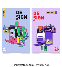 Flat color covers set. Abstract colorful geometric 3d with typography design template. Trendy poster design and colorful theme. 