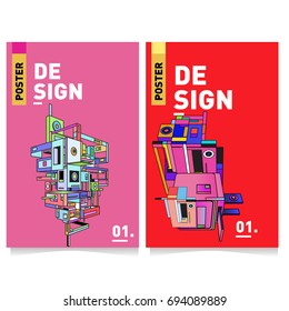 Flat color covers set. Abstract colorful geometric 3d with typography design template. Trendy poster design and colorful theme. 