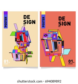 Flat color covers set. Abstract colorful geometric 3d with typography design template. Trendy poster design and colorful theme. 
