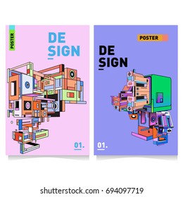 Flat color covers set. Abstract colorful geometric 3d with typography design template. Trendy poster design and colorful theme. 
