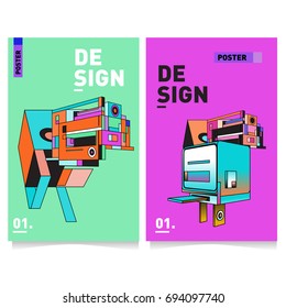 Flat color covers set. Abstract colorful geometric 3d with typography design template. Trendy poster design and colorful theme. 