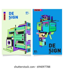 Flat color covers set. Abstract colorful geometric 3d with typography design template. Trendy poster design and colorful theme. 