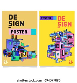 Flat color covers set. Abstract colorful geometric 3d with typography design template. Trendy poster design and colorful theme. 