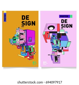 Flat color covers set. Abstract colorful geometric 3d with typography design template. Trendy poster design and colorful theme. 