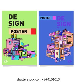 Flat color covers set. Abstract colorful geometric 3d with typography design template. Trendy poster design and colorful theme. 