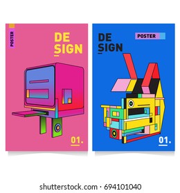 Flat color covers set. Abstract colorful geometric 3d with typography design template. Trendy poster design and colorful theme. 