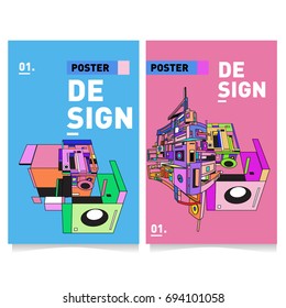 Flat color covers set. Abstract colorful geometric 3d with typography design template. Trendy poster design and colorful theme. 