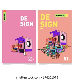 Flat color covers set. Abstract colorful geometric 3d with typography design template. Trendy poster design and colorful theme. 