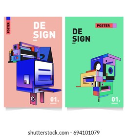 Flat color covers set. Abstract colorful geometric 3d with typography design template. Trendy poster design and colorful theme. 