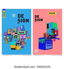 Flat color covers set. Abstract colorful geometric 3d with typography design template. Trendy poster design and colorful theme. 