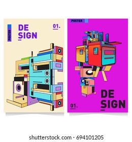 Flat color covers set. Abstract colorful geometric 3d with typography design template. Trendy poster design and colorful theme. 