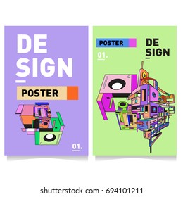 Flat color covers set. Abstract colorful geometric 3d with typography design template. Trendy poster design and colorful theme. 
