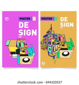 Flat color covers set. Abstract colorful geometric 3d with typography design template. Trendy poster design and colorful theme. 