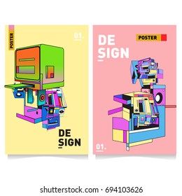 Flat color covers set. Abstract colorful geometric 3d with typography design template. Trendy poster design and colorful theme. 