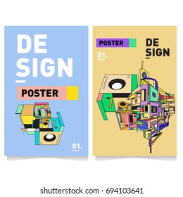 Flat color covers set. Abstract colorful geometric 3d with typography design template. Trendy poster design and colorful theme. 