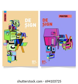 Flat color covers set. Abstract colorful geometric 3d with typography design template. Trendy poster design and colorful theme. 